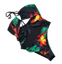 Frederick's of Hollywood NWT  Floral Print Cutout Cabarita Black OnePiece Swimsuit