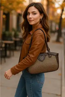 Vintage MC Woven Faux Leather Baguette Shoulder Bag 13.5x6.5 Y2K Fall Fashion