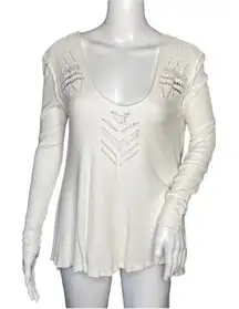 Free People‎ Shirt Womens Small White Scoop Laser Cut Textured Neutral Edgy