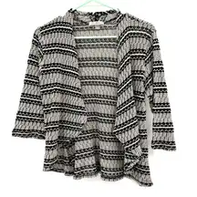 Roz‎ & Ali Size Medium Sweater Black & White Loose Knit 3/4 Sleeve Open Front