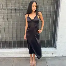 UO Black lace trim slip dress with spaghetti straps and low back SZ S