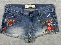 Abercrombie & Fitch Women's Embroidered Jean Shorts Sz 4 Floral Boho Fray