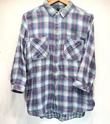 Seven Blue & Red Plaid Gauzy 100% Cotton 3/4 Sleeve Western Button Front Shirt