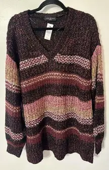 Lane Bryant Sweater Plus Size 18/20 Multicolor Burgundy Striped Vneck NEW