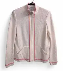 St John Sport Wool Blend Cream Pink Trim Knit Zip Up Jacket Cardigan Small VTG