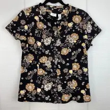 Covington Black Floral Short Sleeve Button Up Top Ruffle Size 14