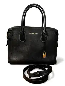 Michael Kors Mercer Black Pebbled Leather Belted Satchel Handbag Crossbody Lux