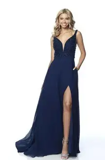 Blush Prom Dress Beaded Tank Strap w/ Chiffon Skirt Navy Long Dress Size 2 NEW
