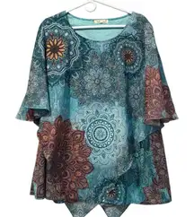 INDIGO SOUL Size XL Vibrant Blue‎ Boho Tunic Top Tiered Embellished Hippie