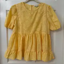 Moon River Butter Yellow S Puff Sleeve Boho Tiered Cottagecore‎ Floral Blouse