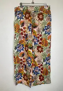 C&C California  Casual Tropical Floral Print Linen Wide Leg Pants Sz Lg Colorful