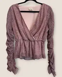 Peach Love Women's Large Purple Wrap Top with Ruching Sleeves Floral Feminine