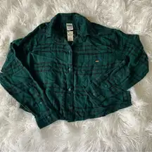 VS PINK Dark evergreen green black stripe plaid cropped button down top