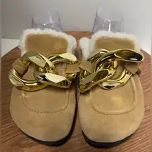 JW Anderson Beige Lamb Leather Shearling Chunky Gold Chain Loafer Clog Mules