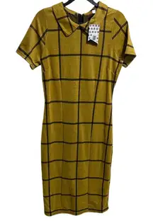 PIPHANY Mustard Yellow Black Grid Collared Short Sleeve Sheath Dress NWT Small