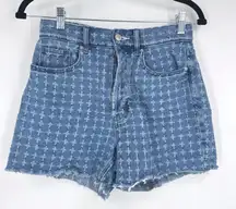 Pacsun 90s Girlfriend Denim Shorts Blue Cross Pattern Frayed Hem Size 26