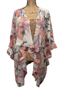 Umgee +‎ Ruffle Kimono Pink Abstract Floral Boho Flowy Lightweight Size XL/1X