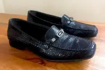 Stuart Weitzman Black Leather Snakeskin Square Toe Loafers Onyx Silver Buckle 7