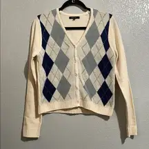 Love Tree Cream and Blue Argyle Cardigan Sweater