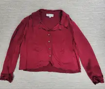 Vintage Joan Yellen Rhinestone Button Satin Blouse Womens Medium Red Silky Top