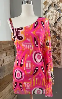 INC International Concepts Vibrant Pink yellow one long sleeve mini dress