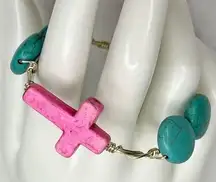 Silver Tone Faux Turquoise Beaded Pink Cross Small Wire Bangle Bracelet