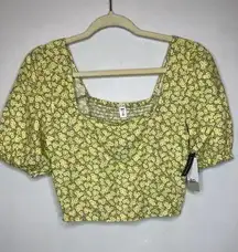 BP. Womens Green Crop Top Size XS Floral Puff Sleeve Square‎ Neck