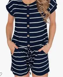 Women's Summer Casual Short Sleeve Striped Loose Jumpsuit Rompers with P…