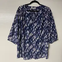 Rose + Olivia Women Y Neck Top 1X Purple Abstract Watercolor Button Front Flowy