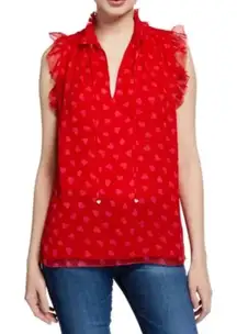 Kate Spade Red Sleeveless Top Heart Print Ruffle Trim Blouse