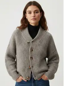 ZARA Gray Knit Wool Blend Bomber Cardigan Sweater Oversized Jacket Medium