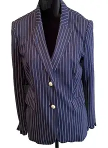 Chicos Women’s 1 US 8/10 Blazer Jacket Blue White Stripe Faux‎ Pearl Buttons