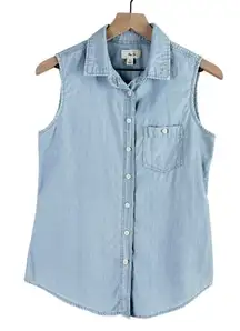Per Se Button Up‎ Sleeveless Chambray Shirt 100% Cotton, Size Small