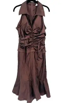 Cache Lux Tadashi Shoji Dress Brown Ruched Taffeta Gown Size 6 Evening Collared