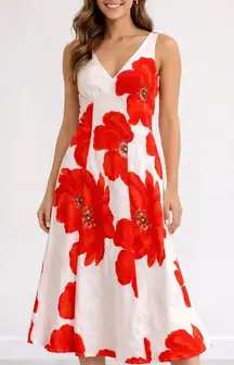 Paper Heart Red Floral Linen Blend Midi Dress NWT Size S