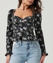 ASTR‎ The Label Floral Puff Sleeve Peplum Sweetheart Cinch Long Sleeve Top Small