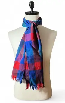 Pendleton Plaid Virgin Wool Scarf Blue Red Purple Fringe Preppy Winter Warm