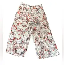 Tahari Coral and Black Floral Pants 100% linen