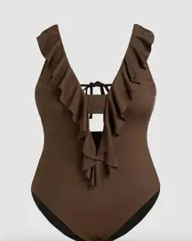 Cider  Brown WITH RUFFLE V-Neck One Piece Swimsuit 1X NWOT