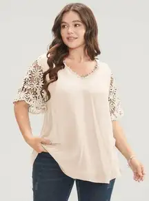 Bloomchic Plain V Neck Floral Patchwork Blouse Apricot Yellow 18-20