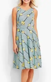 Talbots  Preppy Coastal Garden Party Blue Striped Yellow Rose Print Dress 6