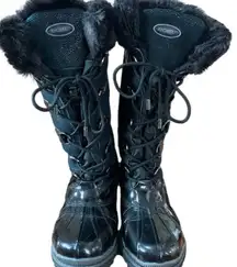 Khombu Tall Black Patent Leather Faux Fur Lace Up Winter Snow Boots