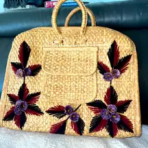 Vintage Floral Straw tote/ Embroidered Flowers W/ Raffia & Yarn, purple/burgandy