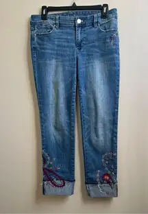 White House Black Market Jeans Women's Cuffed Embroidered Slim Crop WHBM Size 4