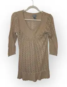 Olivia Sky Y2K Boho Crochet Knit Sweater Dress Beige Long Sleeve Fall Mini M