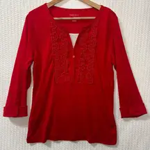 Van Heusen Embroidered 3/4 sleeve red top, faux layered, Sz L, Casual Y2K