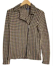 Chaps‎ Sweater Womens Houndstooth Zip Up Black/Tan Jacket Size Small