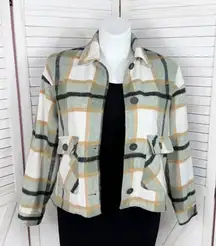 Zara Plaid Flannel Wool Blend Crop Shacket Jacket Green Ivory Large