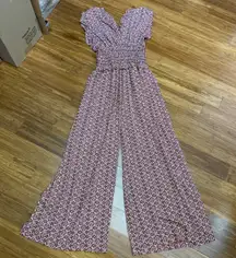 Max Studio London Women's Burgundy White Geo Print Smocked Wide Leg Jumpsuit XL