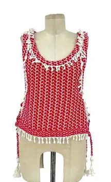 Dodo Bar Or Red White Fringe Lace-Up Tasseled Tank Top‎ Size Small